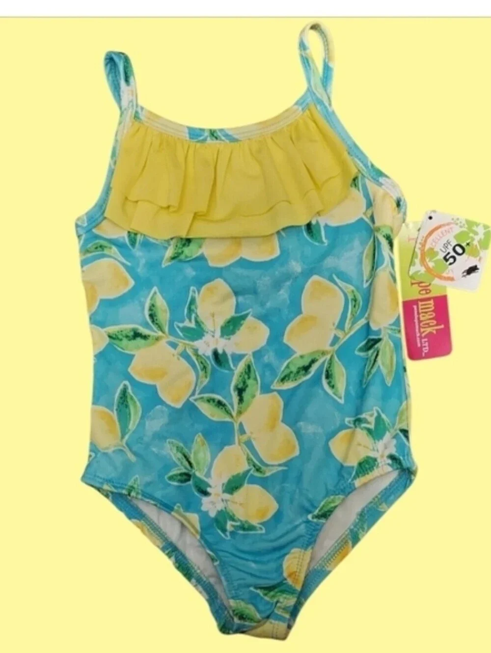 NWT Penelope Mack Lemon Print Swimsuit with Yellow Ruffle 4T